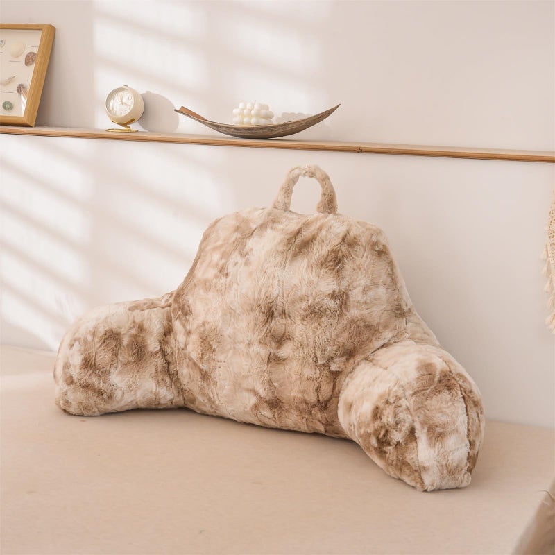 A Nice Night Faux Fur Soft Reading Pillow Bed Wedge Adult Backrest with Arms Back Support for Sitting Up in BedCouch for Bedrest Tie Dyed Khaki - Image 2