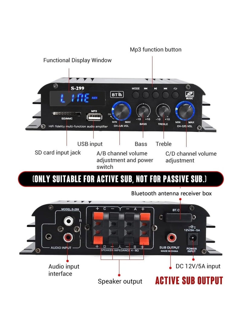 Generic - S-299 4.1CH Bluetooth Power Amplifier Active Subwoofer Output (NOT Passive Subwoofer), Max 800W RMS 40W x 4 Subwoofer Amplifier Hi-Fi Integrated Mini Speaker Amp Audio Sub Bass Amp (UK Regulatory) - Image 1
