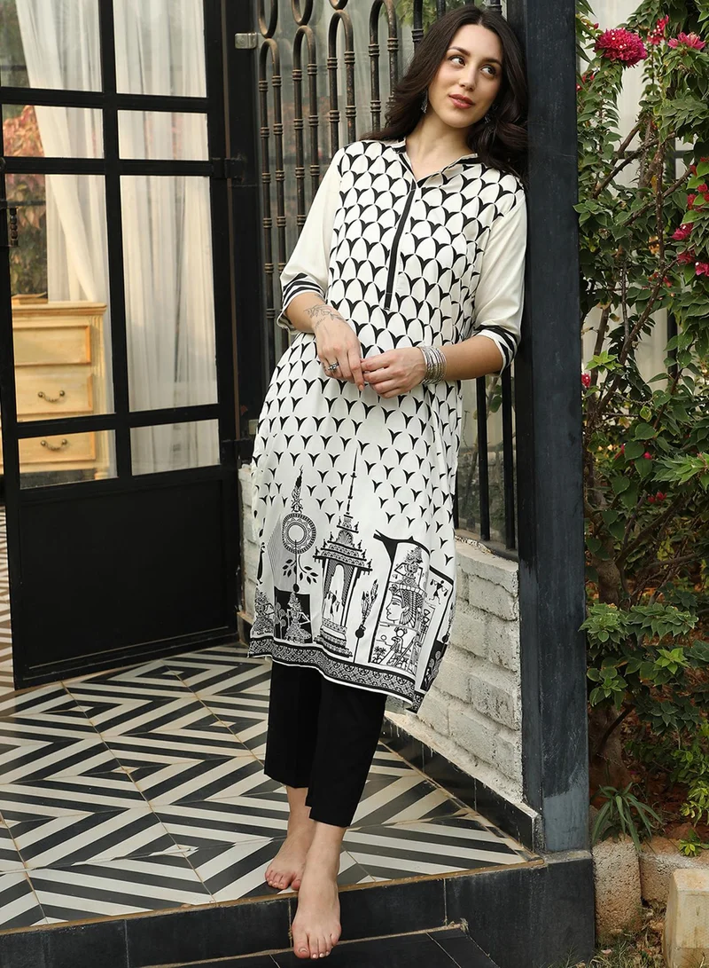  قصة Women's Off-White Contrast Ethnic Print Kurta With Off-White Trousers Set