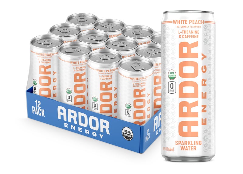 Ardor مياه فوارة ARDOR ENERGY مع 100 ملغ كافيين طبيعي و 200 ملغ L-Theanine من الشاي الأخضر العضوي لطاقة وتركيز سلسين | مشروب طاقة صحي | بدون سكر، صفر سعرات حرارية، نباتي، خالي من الغلوتين | خوخ أبيض (عبوة من 12، علب 12 أونصة) - Image 1