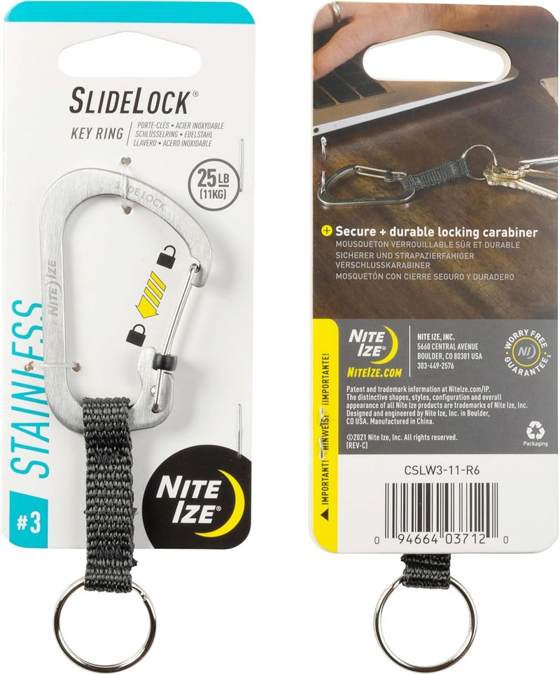 NiteIze SlideLock Key Ring, Aluminum Locking Carabiner Key Chain with Webbing, Stainless Steel - Image 4