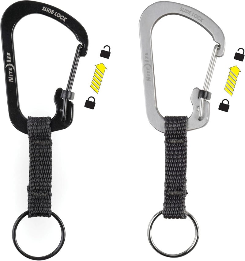 NiteIze SlideLock Key Ring, Aluminum Locking Carabiner Key Chain with Webbing, Stainless Steel - Image 1