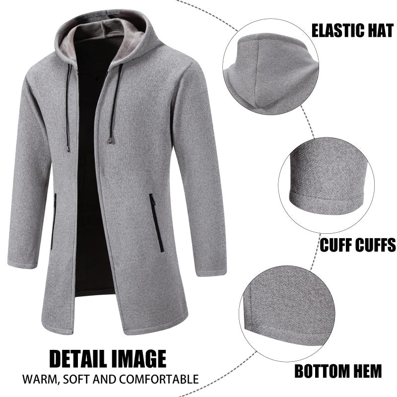 Mylldey Men's Long Cardigan Hoodies Full-zip Fleece Lined Sweaters Knit Regular Fit Casual Sweater Hooded Coat wiht PocketLightgrey-M - Image 4