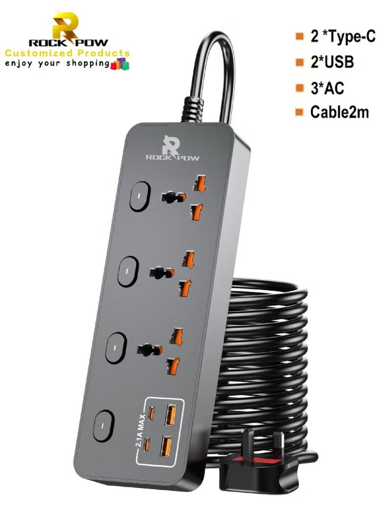 روك بو 2 متر التمديد العالمي الرصاص مع وظيفة متعددة المملكة المتحدة التوصيل 3 دبوس منفذ المقابس مع 3 عصابة 2 منفذ USB 2 نوع-C منفذ 2M المقابس الكهربائي الشريط الرئيسي للمطبخ المنزلي والمكتب 2 متر - Image 1