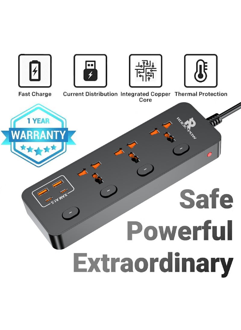 روك بو 2 متر التمديد العالمي الرصاص مع وظيفة متعددة المملكة المتحدة التوصيل 3 دبوس منفذ المقابس مع 3 عصابة 2 منفذ USB 2 نوع-C منفذ 2M المقابس الكهربائي الشريط الرئيسي للمطبخ المنزلي والمكتب 2 متر - Image 2