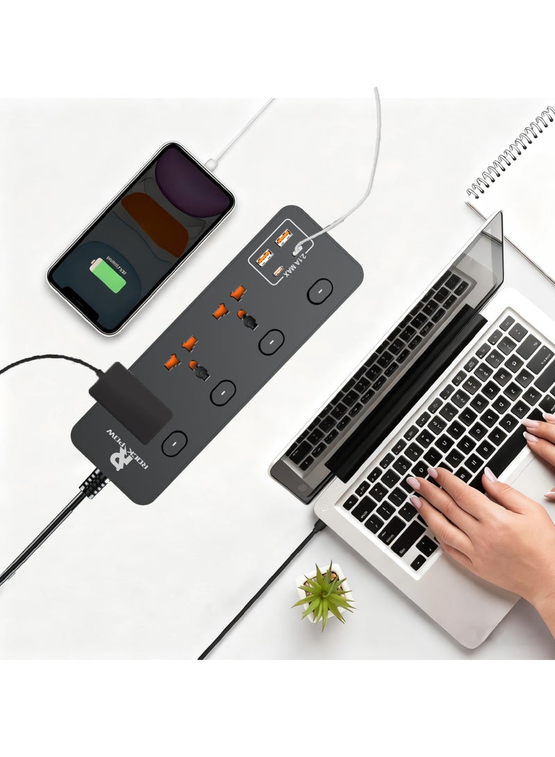 روك بو 2 متر التمديد العالمي الرصاص مع وظيفة متعددة المملكة المتحدة التوصيل 3 دبوس منفذ المقابس مع 3 عصابة 2 منفذ USB 2 نوع-C منفذ 2M المقابس الكهربائي الشريط الرئيسي للمطبخ المنزلي والمكتب 2 متر - Image 5