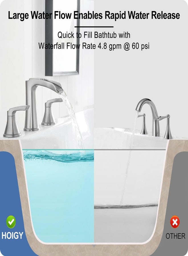 HOIGY 3 Hole Roman Tub Faucet Waterfall Brass Brushed Nickel Bathtub Faucet Set, High Flow 6-16 Inch Deck Mount Faucet for Bathtub, 2 Handle Bath Tub Faucets with Supply Water Hoses for Classic - Image 3