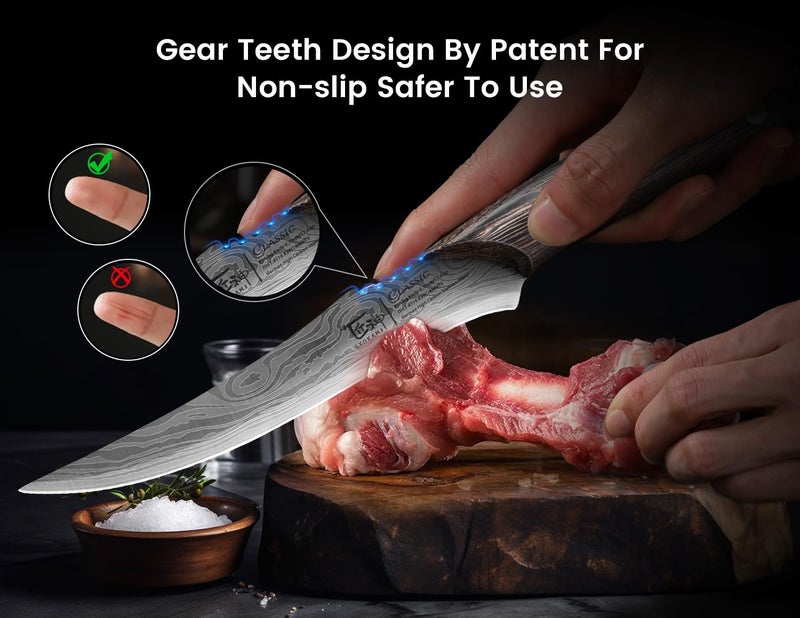 SYOKAMI Boning Knife for Meat Cutting, 6.7 Inch Fillet Knife with Wood Handle, High Carbon Razor Sharp Flexible Blade for Deboning, Trimming, Damascus Pattern Full Tang Design, House Warming Gifts - Image 4
