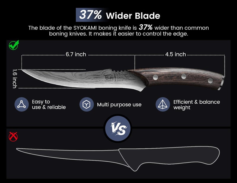 SYOKAMI Boning Knife for Meat Cutting, 6.7 Inch Fillet Knife with Wood Handle, High Carbon Razor Sharp Flexible Blade for Deboning, Trimming, Damascus Pattern Full Tang Design, House Warming Gifts - Image 5