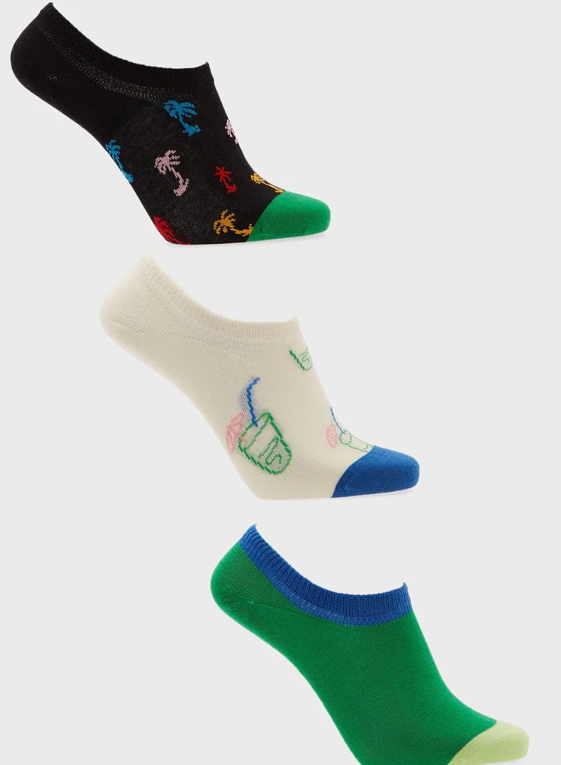 Happy Socks 3 Pack Palm No Show Socks