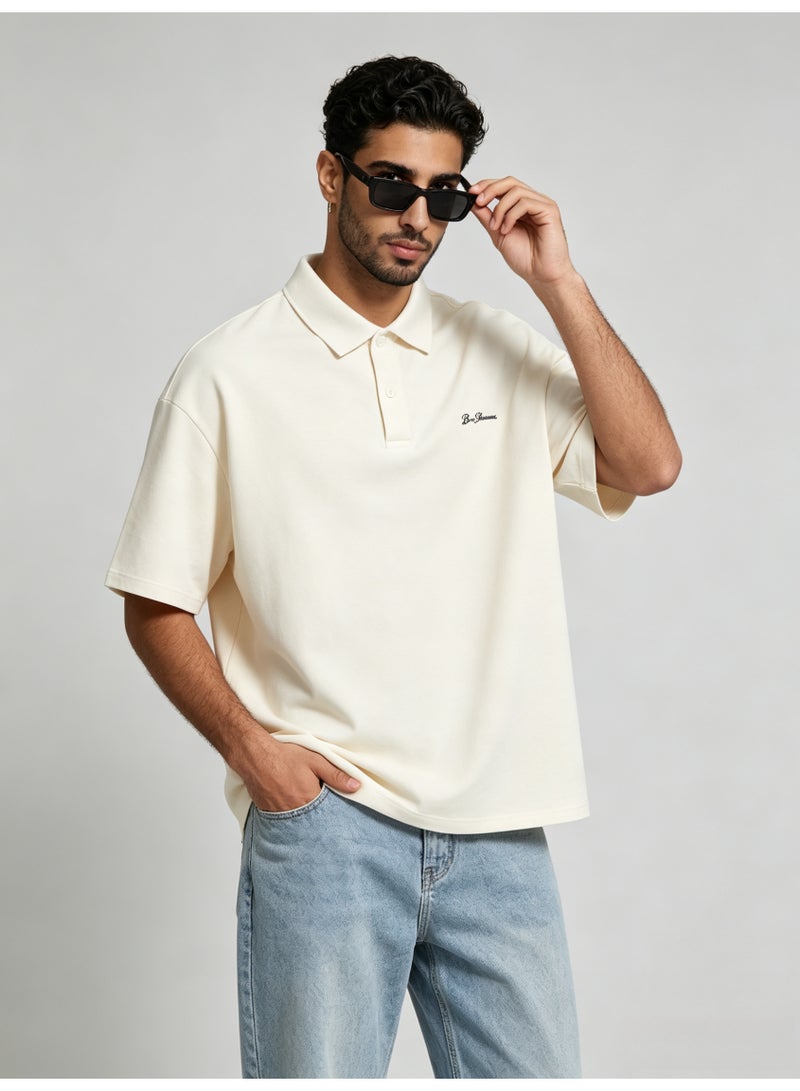 بين شيرمان Ben Sherman Men’s Oversized Cream Embroidered Short Sleeve Polo Shirt - Image 2