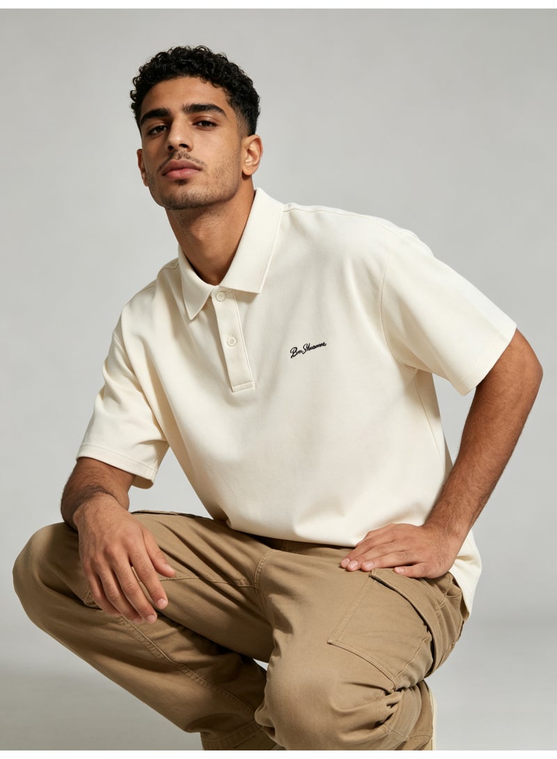 بين شيرمان Ben Sherman Men’s Oversized Cream Embroidered Short Sleeve Polo Shirt - Image 4