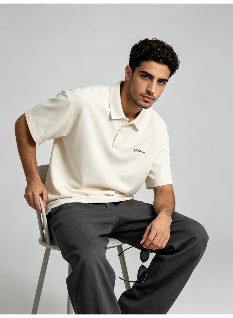 بين شيرمان Ben Sherman Men’s Oversized Cream Embroidered Short Sleeve Polo Shirt - Image 1