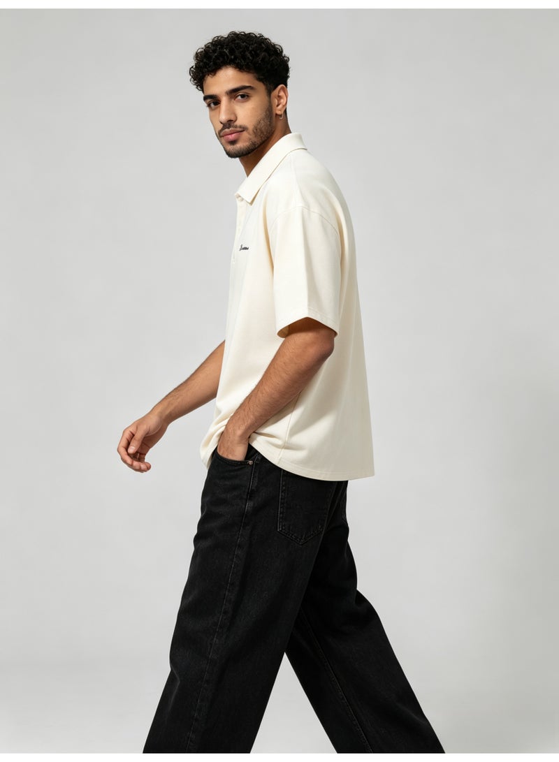 بين شيرمان Ben Sherman Men’s Oversized Cream Embroidered Short Sleeve Polo Shirt - Image 3