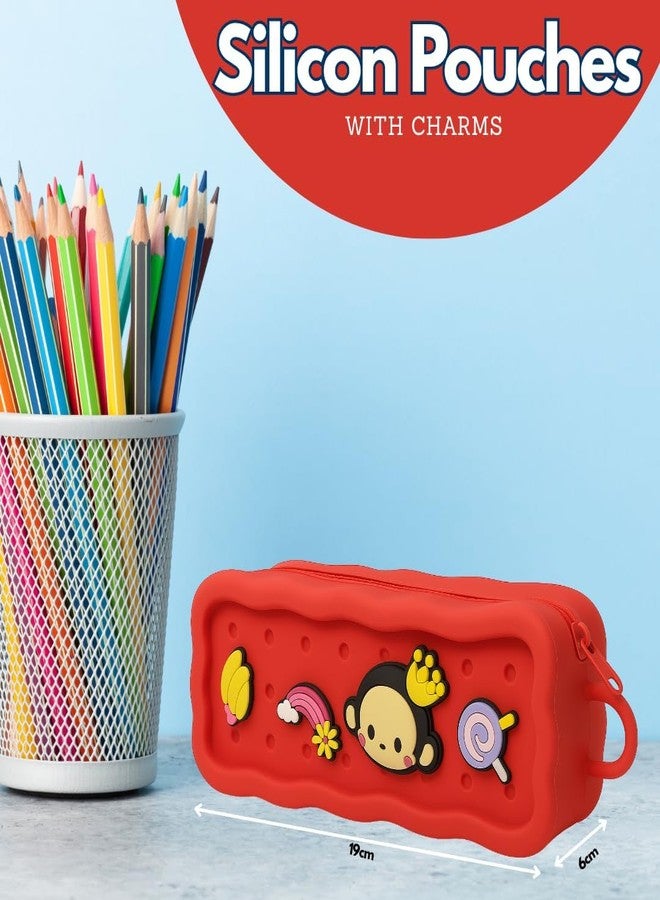 KANISYA Cute Kawaii Pencil Case with Decorative Charms | Soft Silicone Zipper Pencil Pouch for Kids & Students | Aesthetic Stationery Organizer for School, College & Office (Multicolor) Pack of 1 - Image 3