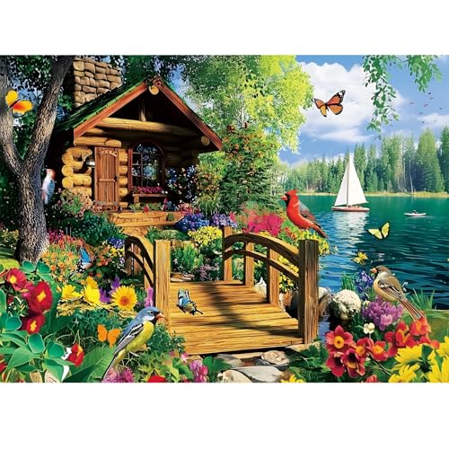 Edsjegn 300 Piece Puzzles for AdultsLake Cabin Jigsaw Puzzle for Adults Kids ElderlyLarge Piece Countryside Puzzle for Kids Age 810 1012Challenging Landscape PuzzleFamily Game Great Gift 205x15in - Image 1