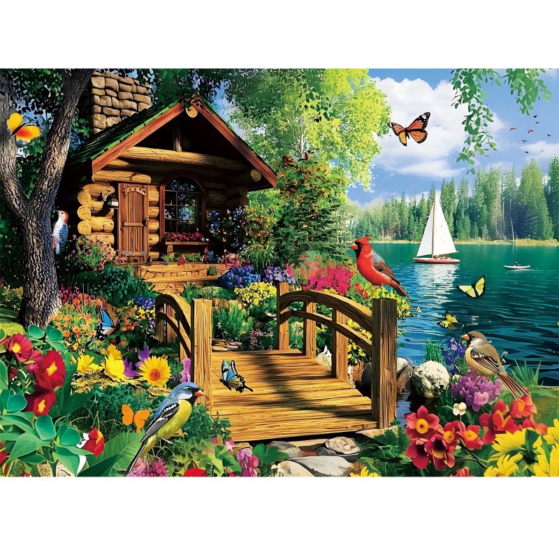 Edsjegn 300 Piece Puzzles for AdultsLake Cabin Jigsaw Puzzle for Adults Kids ElderlyLarge Piece Countryside Puzzle for Kids Age 810 1012Challenging Landscape PuzzleFamily Game Great Gift 205x15in - Image 3