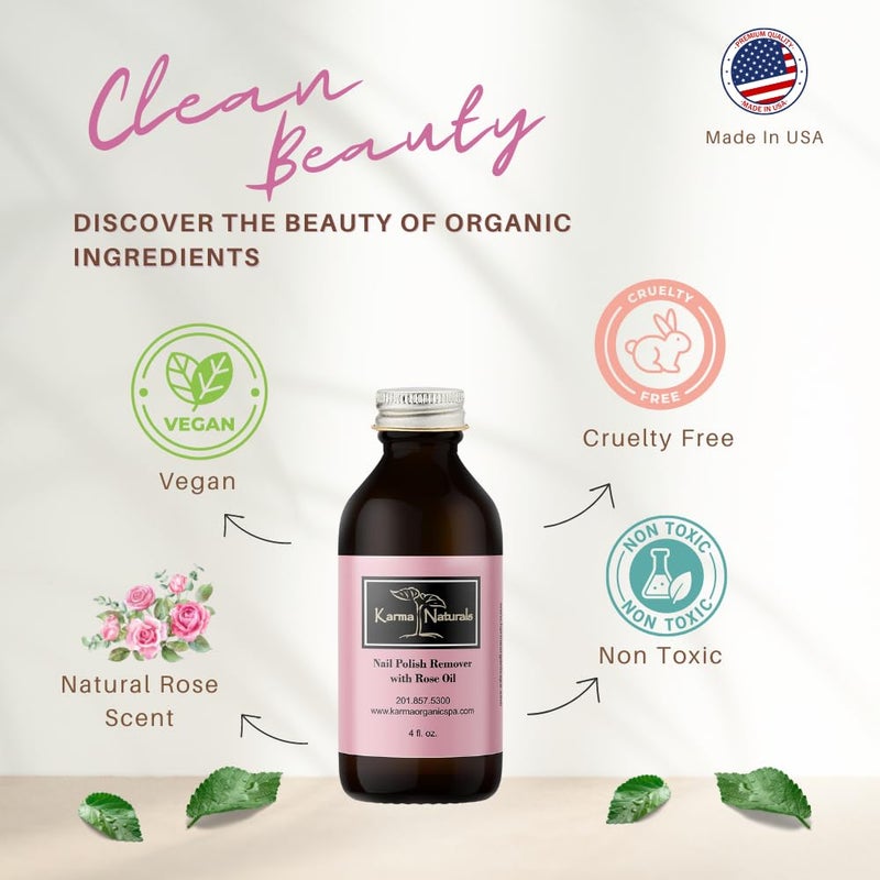 karma organic مزيل طلاء الأظافر العضوي من كارما بزيت الورد - غير سام، نباتي، خالي من القسوة، خالي من الأسيتون - مقوي للأظافر - 4 أونصة سائلة - Image 5