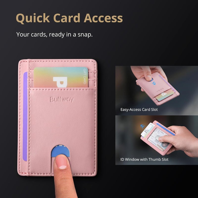 Buffway Slim Minimalist Front Pocket RFID Blocking Leather Wallets for Men and Women - Alaska Pink - Image 3