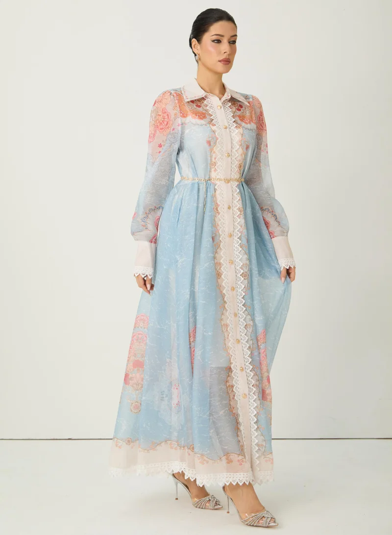 سنفير Always Enchanting Blue Floral Print Lace Trim Maxi Dress