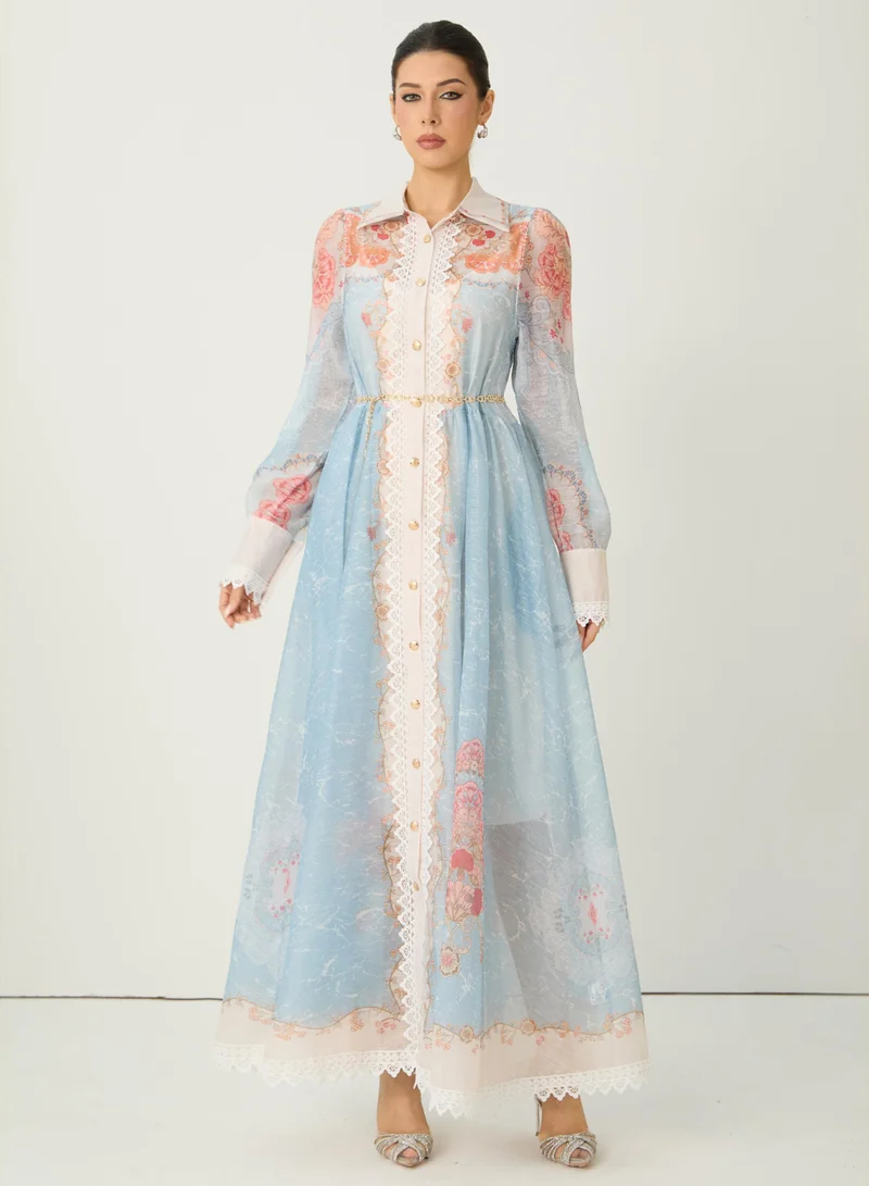 Sunfere Always Enchanting Blue Floral Print Lace Trim Maxi Dress