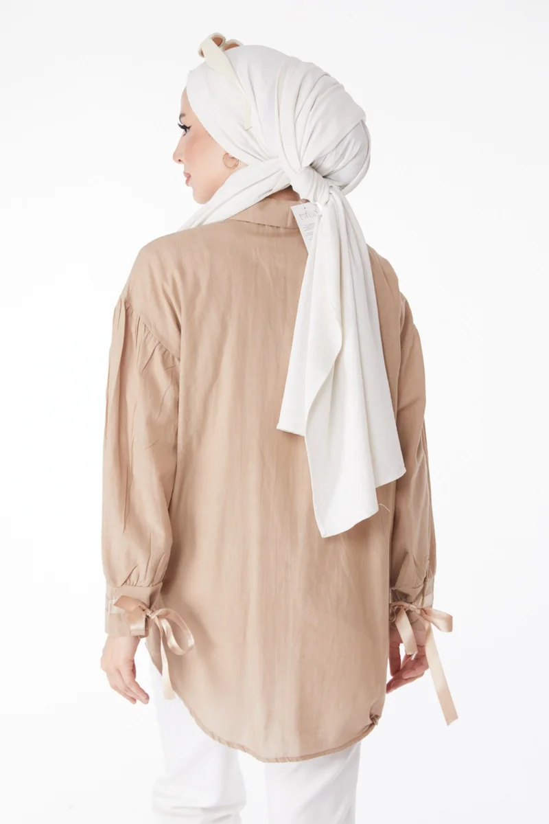 Tofisa Plain Shirt Collar Women's Mink Balloon Sleeve Lace Detail Shirt 13161