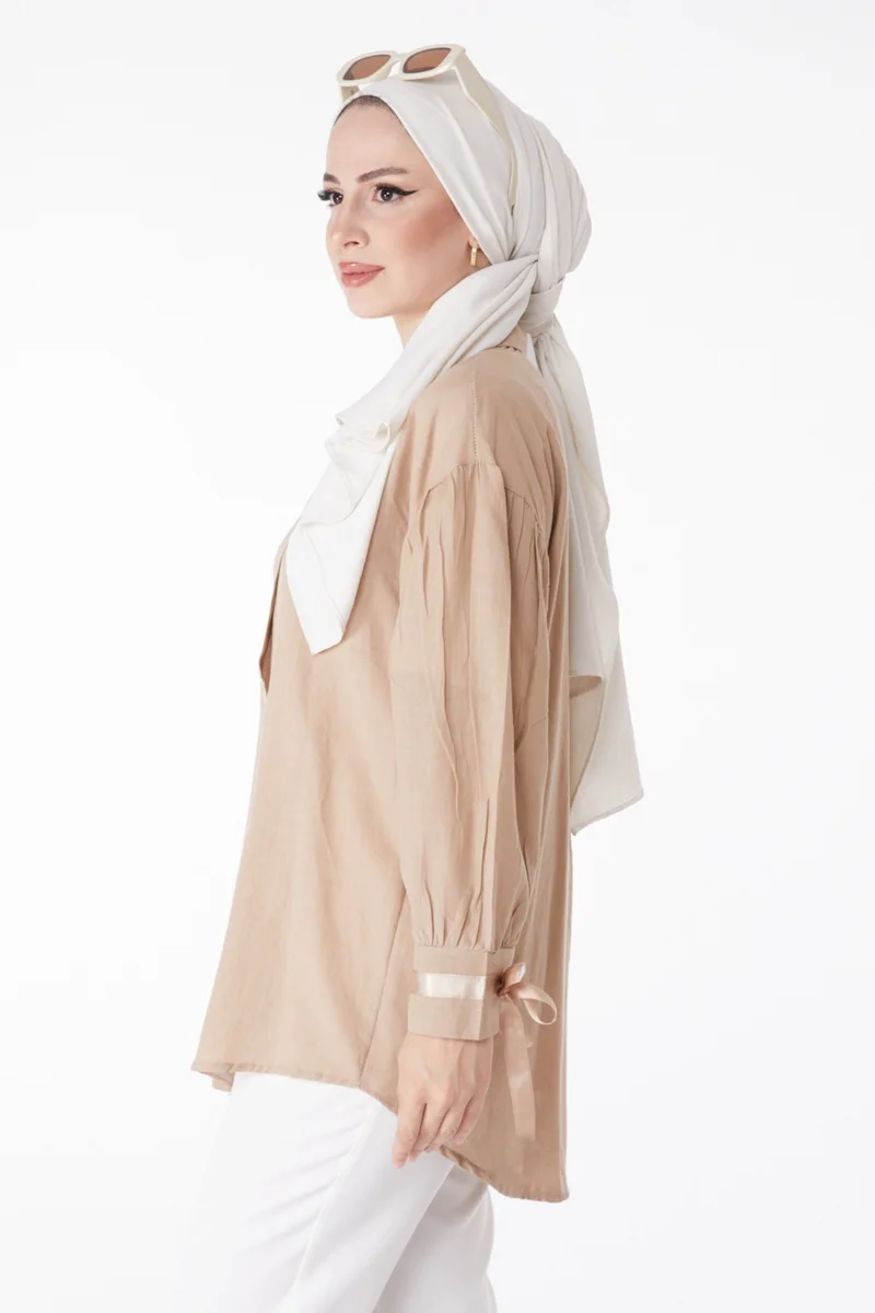 Tofisa Plain Shirt Collar Women's Mink Balloon Sleeve Lace Detail Shirt 13161