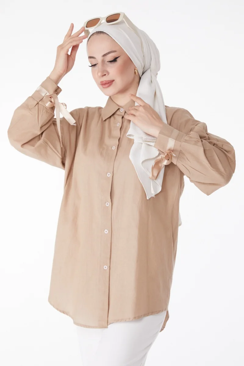 Tofisa Plain Shirt Collar Women's Mink Balloon Sleeve Lace Detail Shirt 13161