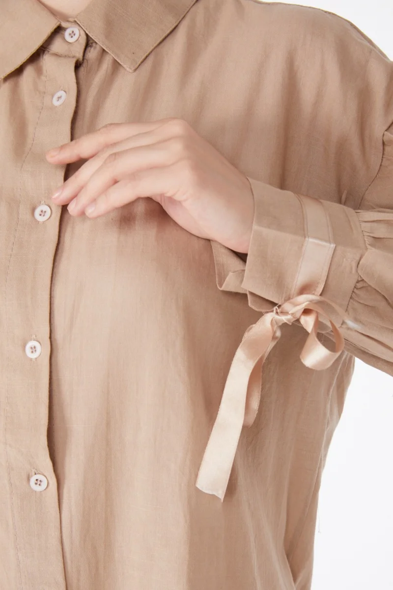 Tofisa Plain Shirt Collar Women's Mink Balloon Sleeve Lace Detail Shirt 13161