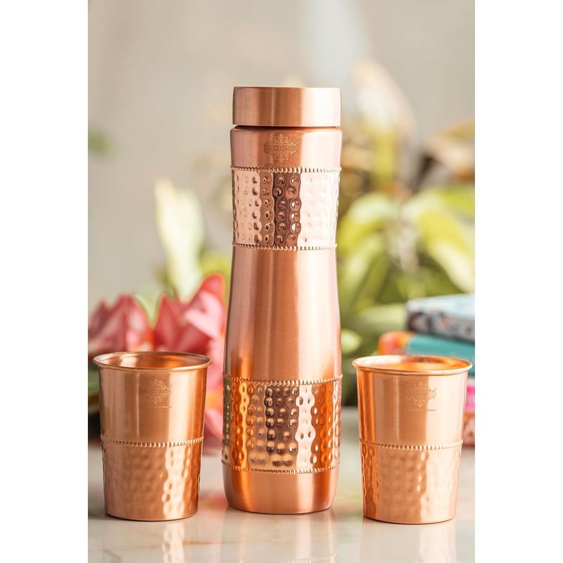 INDIAN ART VILLA Pure Copper Drinkware Gift Set of 1 Bottle 2 Glass with Royal Blue Gift Box Gift Item for Diwali Bithday Parties Volume1 Litre Half Lacquer Half Hammered - Image 2