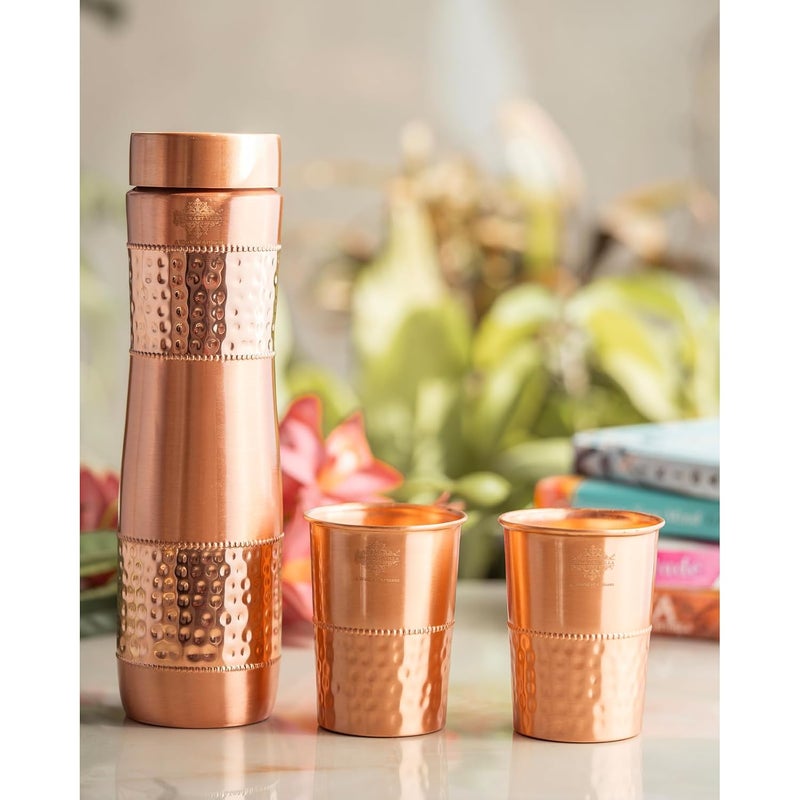 INDIAN ART VILLA Pure Copper Drinkware Gift Set of 1 Bottle 2 Glass with Royal Blue Gift Box Gift Item for Diwali Bithday Parties Volume1 Litre Half Lacquer Half Hammered - Image 3