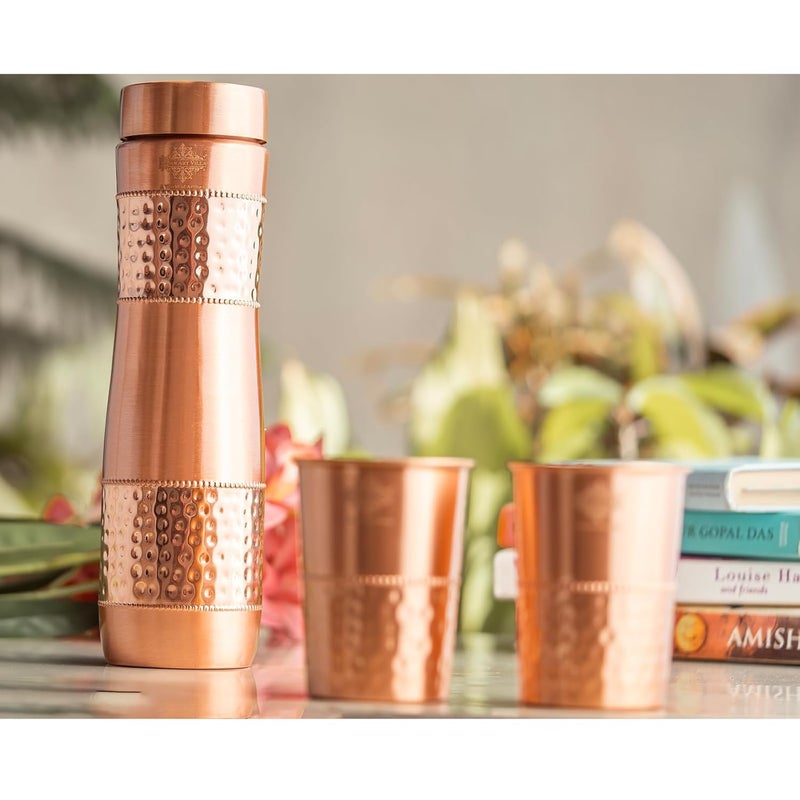 INDIAN ART VILLA Pure Copper Drinkware Gift Set of 1 Bottle 2 Glass with Royal Blue Gift Box Gift Item for Diwali Bithday Parties Volume1 Litre Half Lacquer Half Hammered - Image 4
