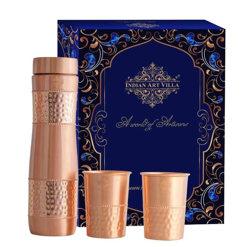 INDIAN ART VILLA Pure Copper Drinkware Gift Set of 1 Bottle 2 Glass with Royal Blue Gift Box Gift Item for Diwali Bithday Parties Volume1 Litre Half Lacquer Half Hammered - Image 1