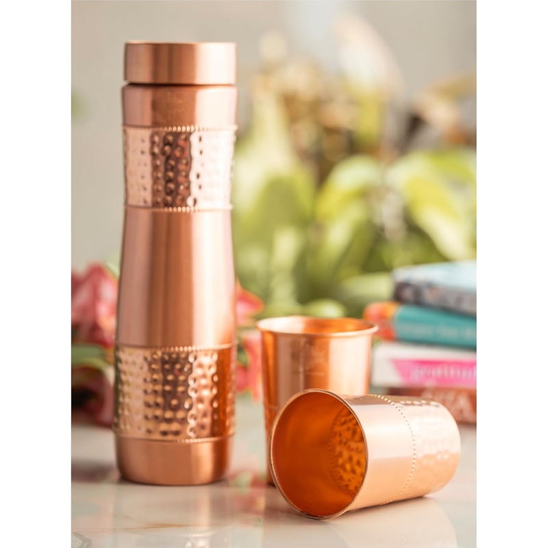 INDIAN ART VILLA Pure Copper Drinkware Gift Set of 1 Bottle 2 Glass with Royal Blue Gift Box Gift Item for Diwali Bithday Parties Volume1 Litre Half Lacquer Half Hammered - Image 5