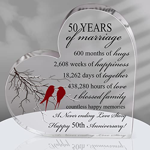 Qunclay 50th Years of Marriage Gift Wedding Anniversary Souvenir Heart Marriage Keepsake Decoration Present for Couple Parent Women Mom Husband Wife He She Friend Grandparents - Image 1