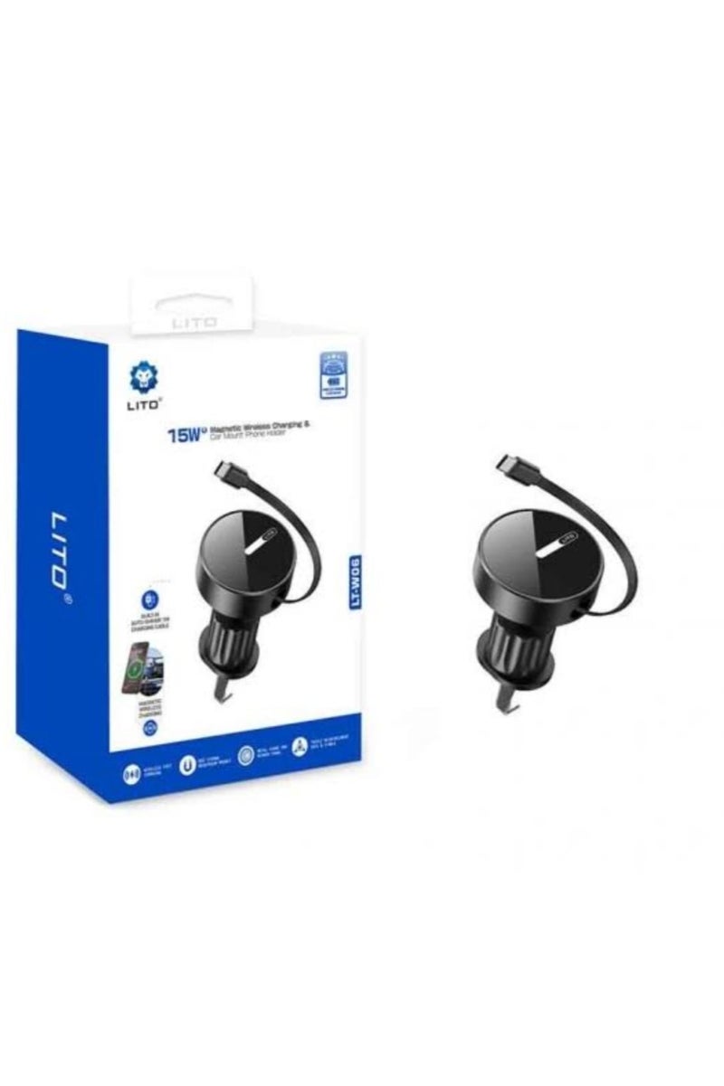 Lito 15W Magnetic Wireless Car Charger with Phone Holder - Lito Description: Enjoy fast charging! This product combines a powerful 15W wireless charger with a magnetic phone holder that supports mounting on an outlet, providing safe and stable charging. It features Qi-compatible fast charging technology, a stable magnetic base that securely attaches your phone, and a battery charging cable - Image 1