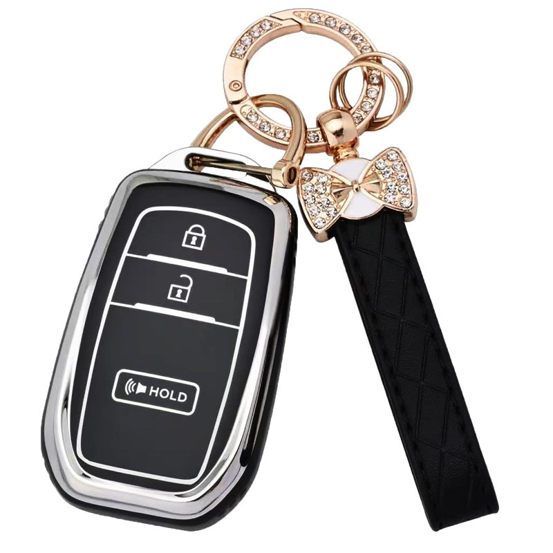 JAMCARI for Toyota Key fob Cover, 3 Buttons Soft TPU Key Fob Case for 2022-2025 Toyota 4runner Prius Corolla Cross Hatchback Tundra Sequoia LE XLE Car Key Cover with Bling Keychain (Black) - Image 1