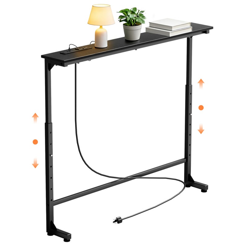 GRLEAF 35" Adjustable Height Narrow Console Table with Power Outlets, Long Sofa Table with Charging Station Behind Couch Table Skinny Entryway Table for Living Room, Hallway and Office â€“ Black - Image 1