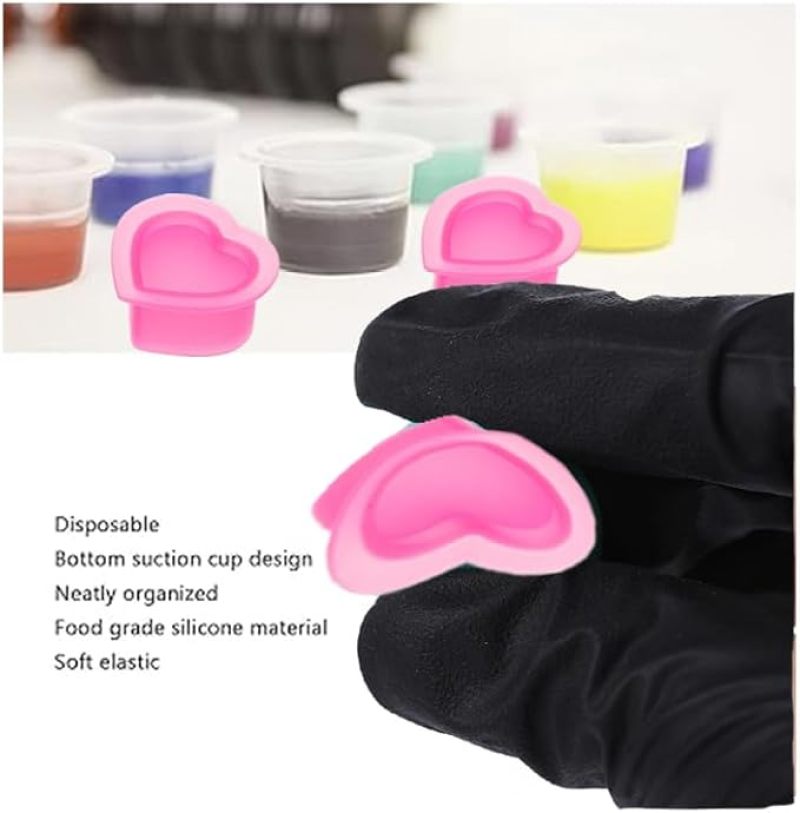 Tattoo Ink Cups 100-Pack 23.5*12mm Pink Heart-shaped Design - Heat-resistant Durable Silicone Reusable Cups for Tattoo Artists Makeup Enthusiasts Crafters - Image 3