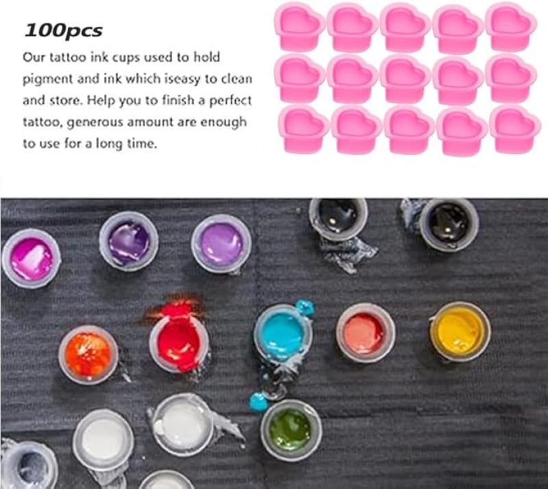 Tattoo Ink Cups 100-Pack 23.5*12mm Pink Heart-shaped Design - Heat-resistant Durable Silicone Reusable Cups for Tattoo Artists Makeup Enthusiasts Crafters - Image 5