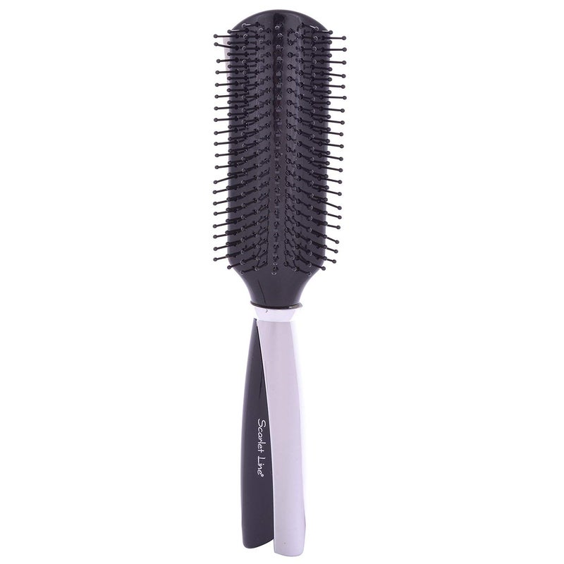 Scarlet Line Professional Large 9 Rows Ball Tip Nylon Bristles Flat Hair Brush with Metallic Finish Handle for Men and Women Black Color