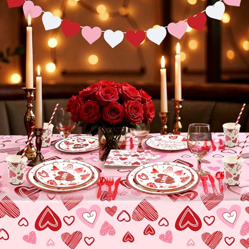 LAIAMER Valentines Day Party Supplies Set for 24, Valentine's Day Plates and Napkins Valentines Tablecloth Cups Valentine Disposable Dinnerware for Valentine's Days Party Decorations - Image 5