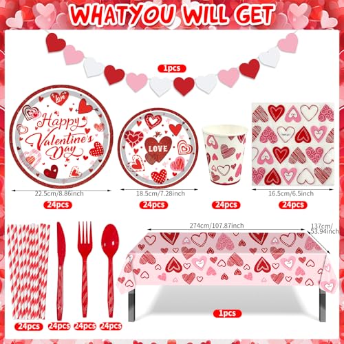 LAIAMER Valentines Day Party Supplies Set for 24, Valentine's Day Plates and Napkins Valentines Tablecloth Cups Valentine Disposable Dinnerware for Valentine's Days Party Decorations - Image 3