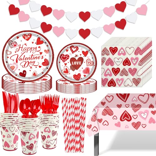 LAIAMER Valentines Day Party Supplies Set for 24, Valentine's Day Plates and Napkins Valentines Tablecloth Cups Valentine Disposable Dinnerware for Valentine's Days Party Decorations - Image 1