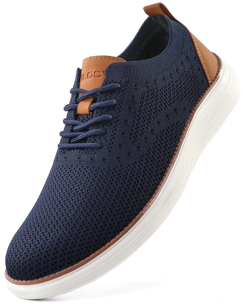 VILOCY Mens Casual Dress Sneakers Oxfords Business Shoes Lace Up Lightweight Comfortable Breathable Walking Knit Mesh Fashion Sneakers Tennis Dark BlueEU425