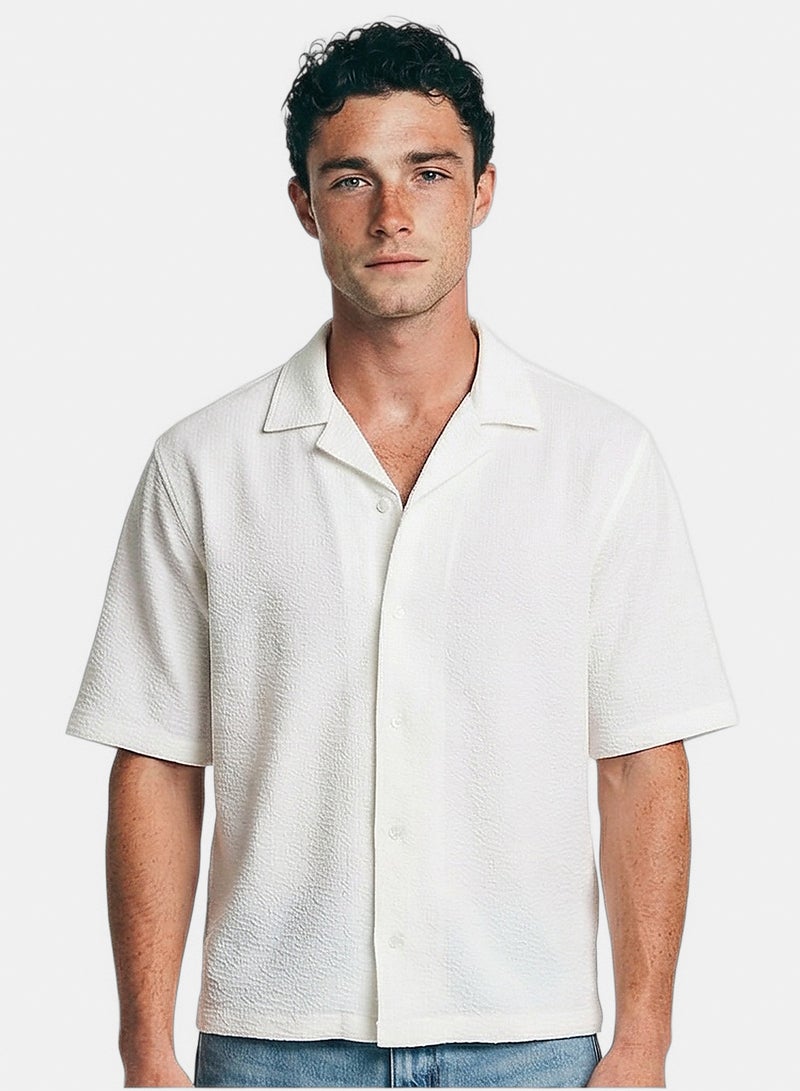 RAVIN Men Off-White Textured Camp Collar Short Sleeve Shirt - Image 1