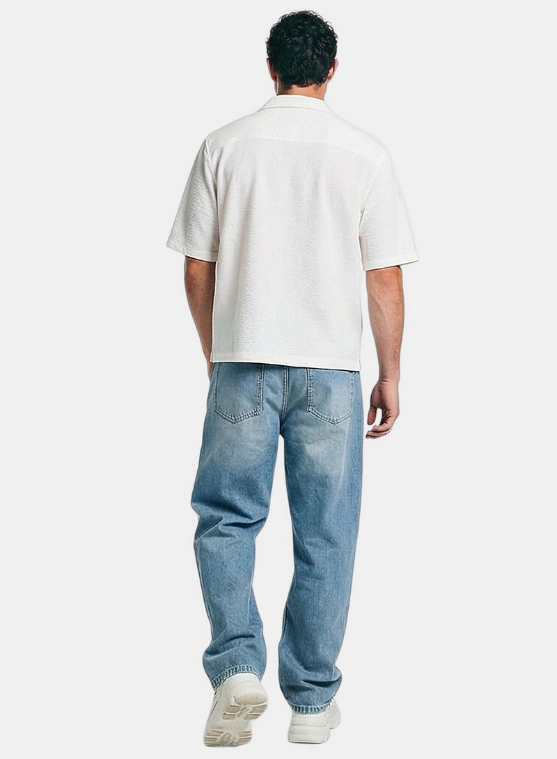 RAVIN Men Off-White Textured Camp Collar Short Sleeve Shirt - Image 4