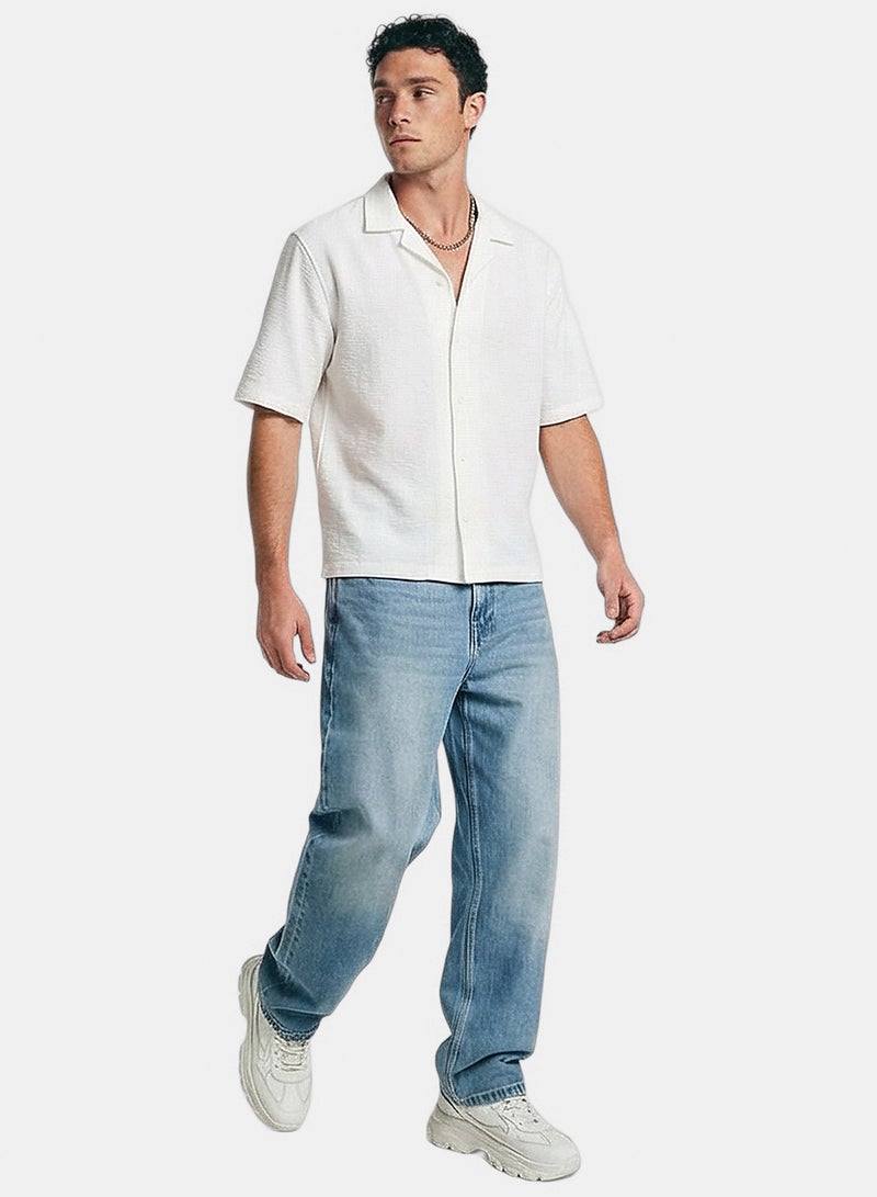 RAVIN Men Off-White Textured Camp Collar Short Sleeve Shirt - Image 3