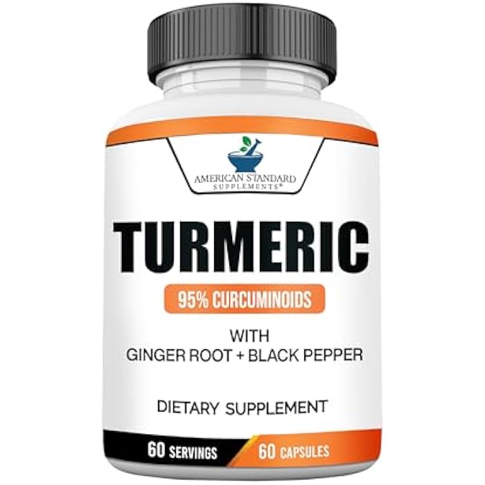 American Standard Supplements Turmeric Extract - Curcumin 95% with Ginger Root Extract & Black Pepper Extract– 60 Vegan Capsules, 60 Servings - Image 1