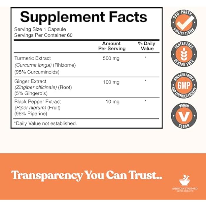 American Standard Supplements Turmeric Extract - Curcumin 95% with Ginger Root Extract & Black Pepper Extract– 60 Vegan Capsules, 60 Servings - Image 2